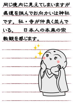 同じ境内に見えてしまいますが県道を挟んでお向かいは神社です。社・寺が仲良く並んでいる。　日本人の本来の宗教観を感じます。