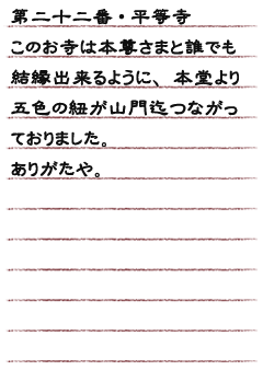 第二十二番・平等寺 この寺は本尊さまと誰でも結縁出来るように、本堂より五色の紐が山門迄つながっておりました。　ありがたや。