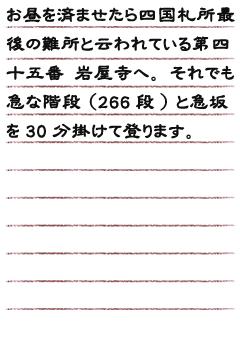 お昼を済ませたら四国札所最後の難所と云われている第四十五番 岩屋寺へ。それでも急な階段(266段)と急坂を30分掛けて登ります。