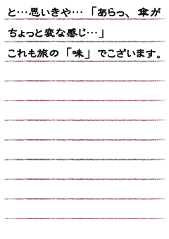 と…思いきや…「あらっ、傘がちょっと変な感じ…」これも旅の「味」でこざいます。