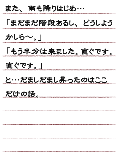 また、雨も降りはじめ…「まだまだ階段あるし　どうしようかしら〜。」「もう半分は来ました。直ぐです。直ぐです。」と…だましだまし昇ったのはここだけの話。