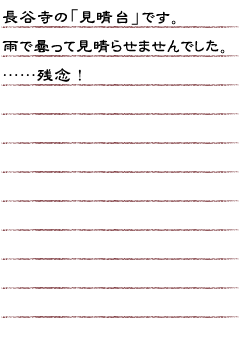 長谷寺の「見晴台」です。雨で曇って見晴らせませんでした……残念！