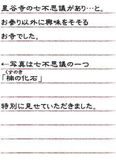 星谷寺の七不思議があり・・・と。　お参り以外に興味をそそるお寺でした。写真は七不思議の一つ　「楠の化石」特別に見せていただきました。