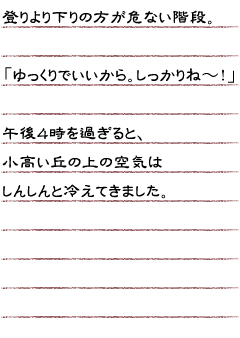 登りより下りの方が危ない階段。「ゆっくりでいいから　しっかりね〜！」午後４時を過ぎると、小高い丘の上の空気はしんしんと冷えてきました。