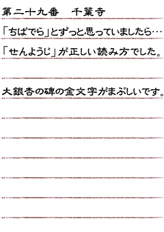 第二十九番　千葉寺　「ちばでら」とずっと思っていましたら……「せんようじ」が正しい読み方でした。大銀杏の碑の金文字がまぶしいです。