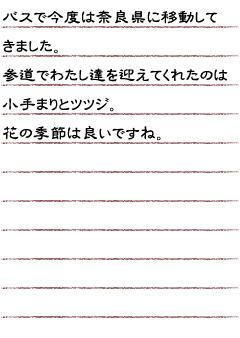 バスで今度は奈良県に移動してきました。参道でわたし達を迎えてくれたのは小手まりとツツジ。花の季節は良いですね。