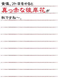 食後　フト目をやると真っ赤な彼岸花が　秋ですね〜。