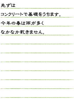 先ずはコンクリートで基礎をうちます。今年の春は雨が多くなかなか乾きません。