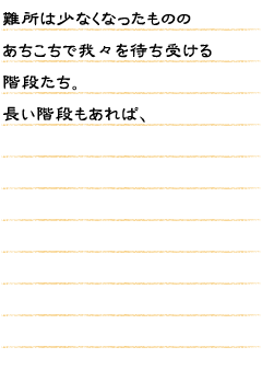 難所は少なくなったもののあちこちで我々を待ち受ける階段たち。長い階段もあれば、