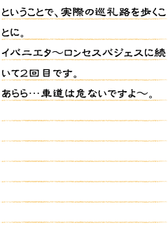 ということで、実際の巡礼路を歩くことに。イバニエタ〜ロンセスバジェスに続いて２回目です。あらら…車道は危ないですよ〜。