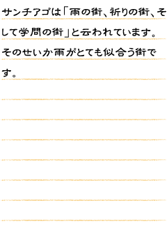 サンチアゴは「雨の街、祈りの街、そして学問の街」と云われています。そのせいか雨がとても似合う街です。