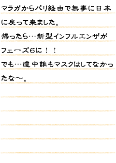 マラガからパリ経由で無事に日本に戻って来ました。帰ったら…新型インフルエンザがフェーズ６に！！でも…道中誰もマスクはしてなかったな〜。